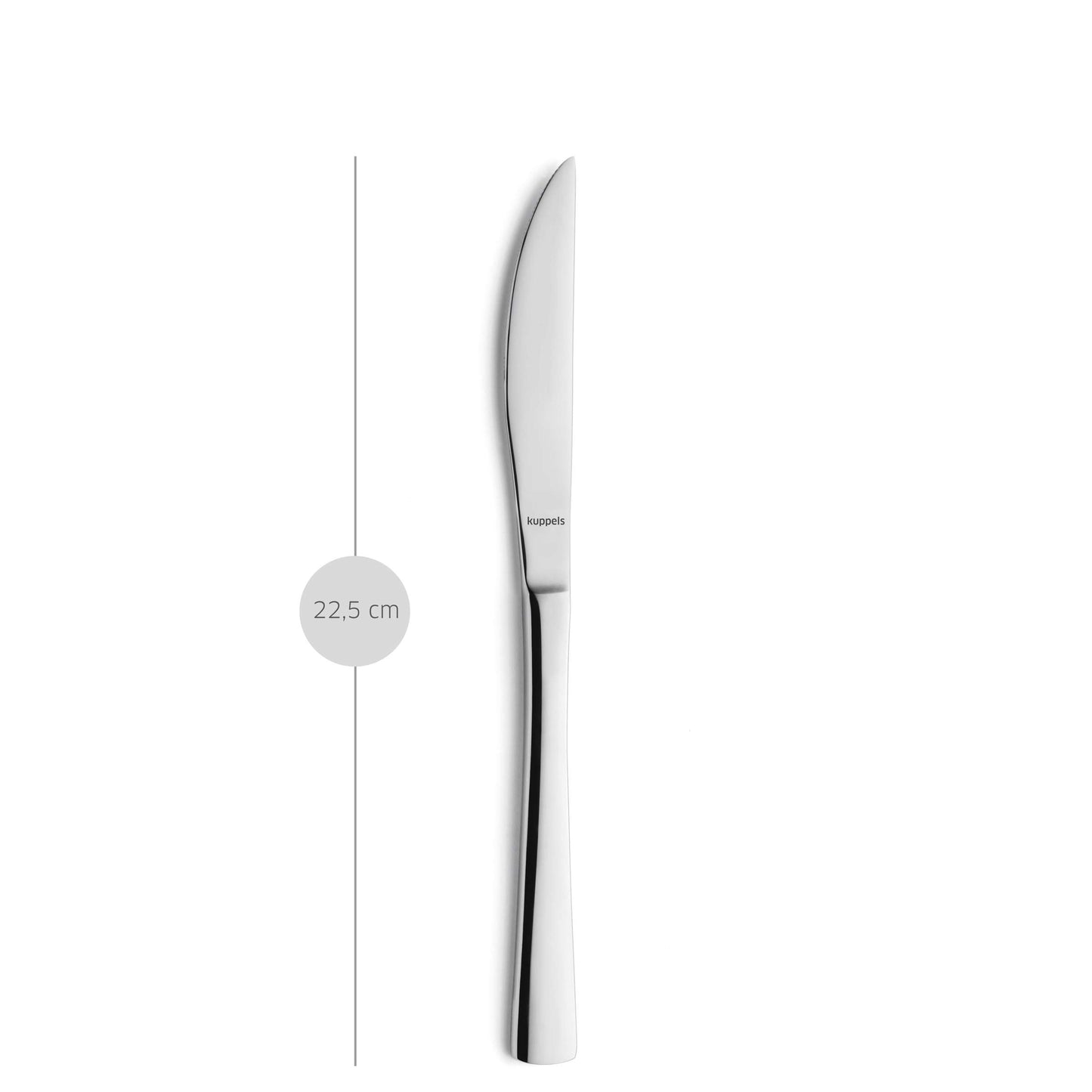 Ein Kuppels SELECTION Steakmesser aus dem 2-teiligen Set ist neben einer vertikalen Linie abgebildet, die seine Länge von 22,5 cm verdeutlicht und seine scharfe Klinge hervorhebt.
