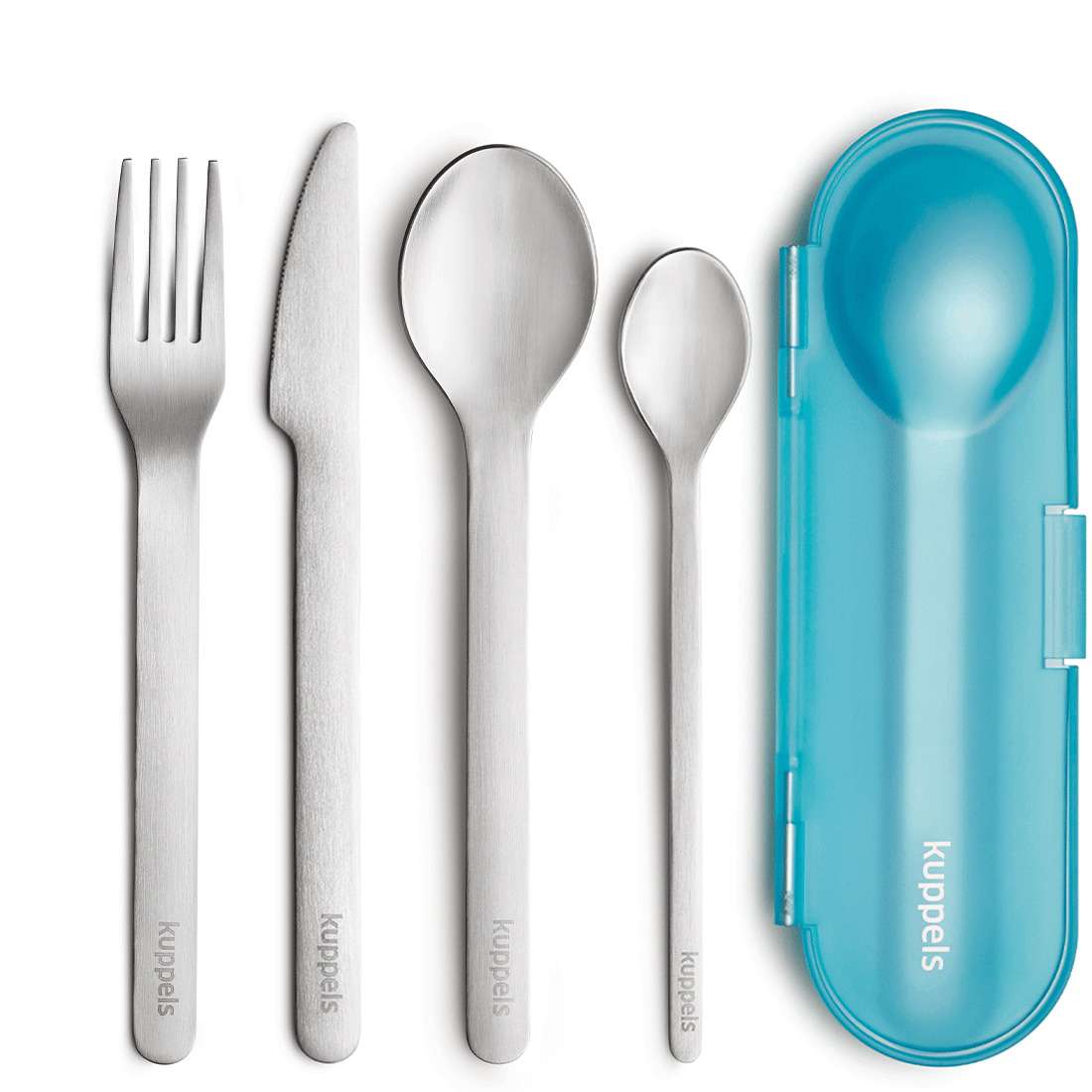 Das 2GO Besteckset 4-teilig mint von Kuppels enthält Gabel, Messer, Esslöffel und Teelöffel aus Edelstahl sowie ein mintfarbenes Reiseetui. Ideal für nachhaltige Mahlzeiten unterwegs.
