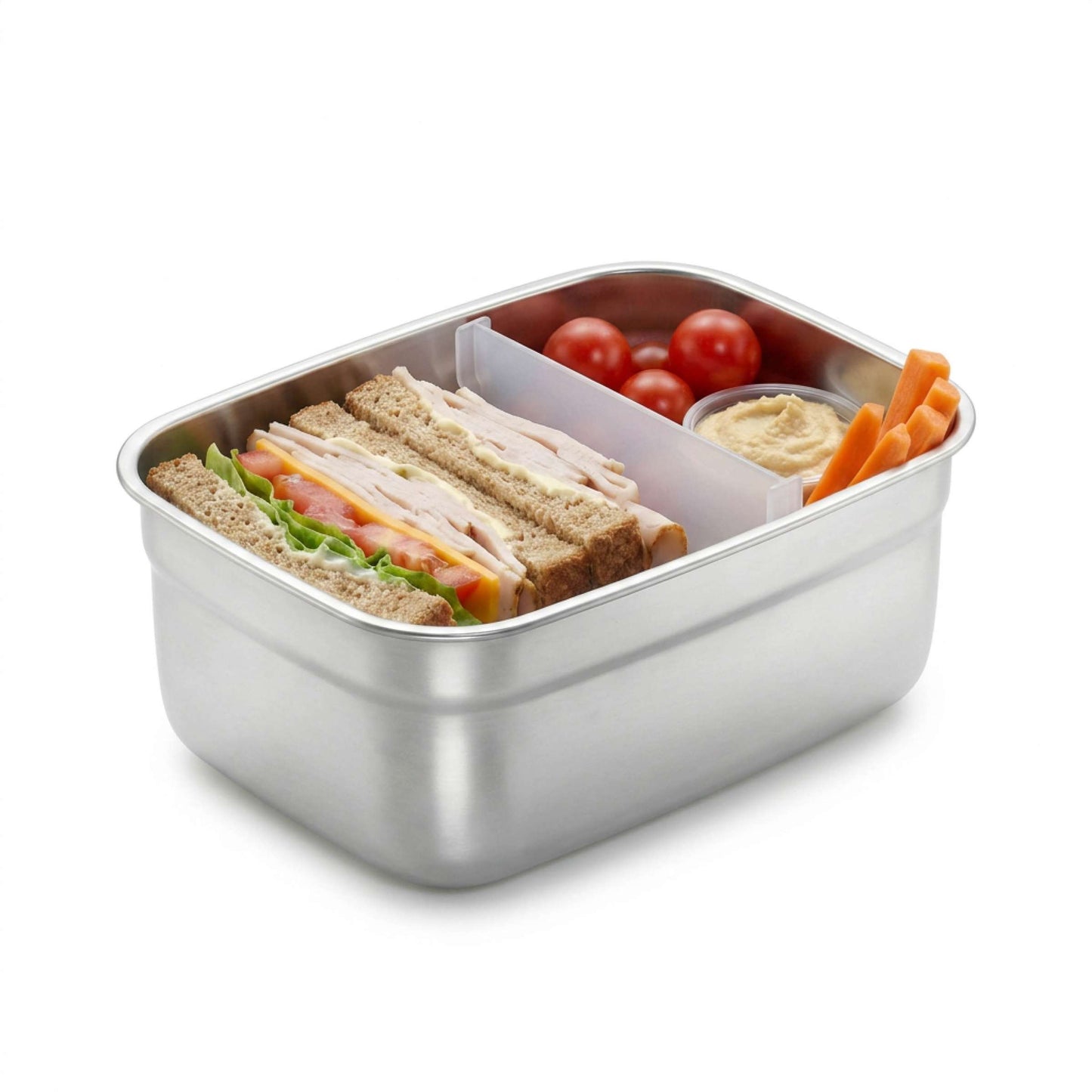 Die 2-teilige SELECTION-Frischhaltedose aus Edelstahl 18/10 von Kuppels ist spülmaschinenfest und eignet sich ideal zur Aufbewahrung von Truthahn-Sandwiches, Kirschtomaten, Karottenstiften und Hummus.