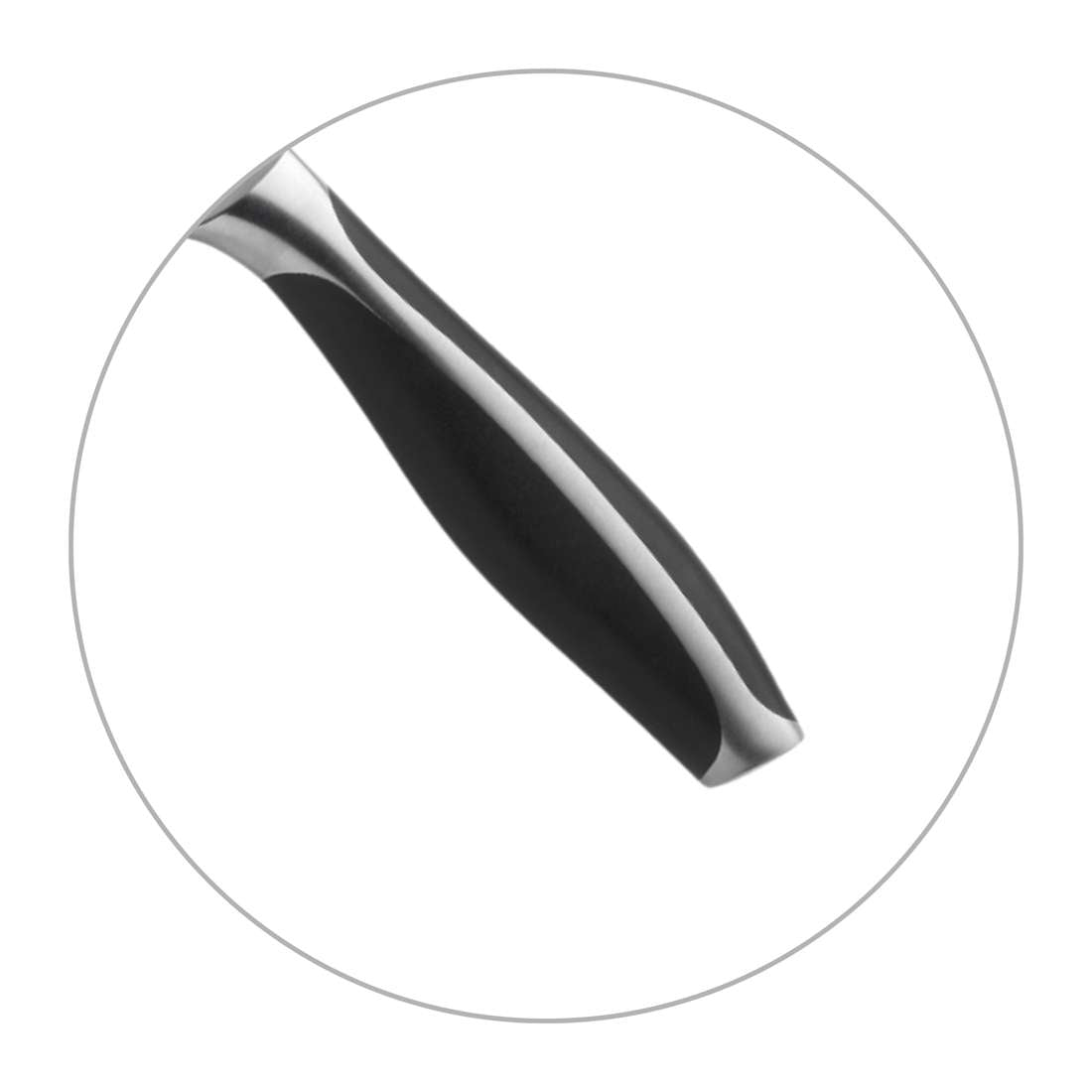 Nahaufnahme des schwarz-silbernen ergonomischen Kuppels CHEF Brotmesser-Griffs aus MoV-Stahl, dargestellt in einem runden Rahmen auf weißem Hintergrund.