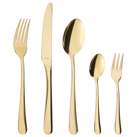 Abgebildet sind fünf Teile aus dem Kuppels DELIA Besteckset 30-teilig PVD Champagner - Speisegabel, Messer, Suppenlöffel, Teelöffel und Dessertgabel - alle mit eleganter PVD-Beschichtung, vertikal angeordnet vor einem schlichten Hintergrund.
