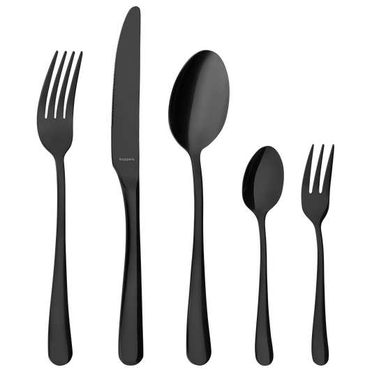Fünf Teile aus dem Kuppels DELIA Besteckset 30-teilig PVD schwarz - Essgabel, Messer, Suppenlöffel, Teelöffel und Salatgabel - stehen nebeneinander auf weißem Grund und unterstreichen ihr modernes, mattschwarzes Design.