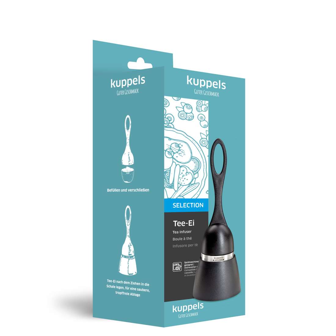 Auf der Vorderseite der türkis-weißen Schachtel befindet sich das schwarze, glockenförmige TEA TIME Tee Ei mit Stand von Kuppels mit deutschen Illustrationen und Beschreibungen zum Aufbrühen von losem Tee.